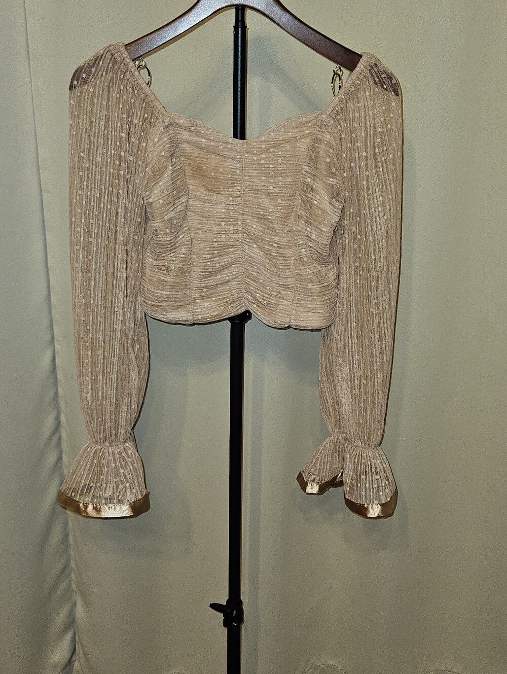 Nude Crop Top.  Zip Up Back.  Sheer Long-Sleeve Ruched Crop Top.  Size S